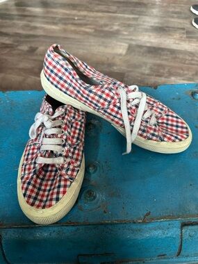 Superga Red, White & Blue Gingham Slip-On Sneakers